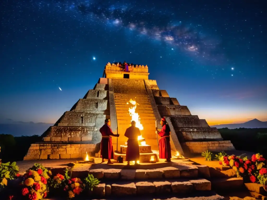 Mayas realizan ritual en pirámide, con ofrendas y estrellas en el cielo