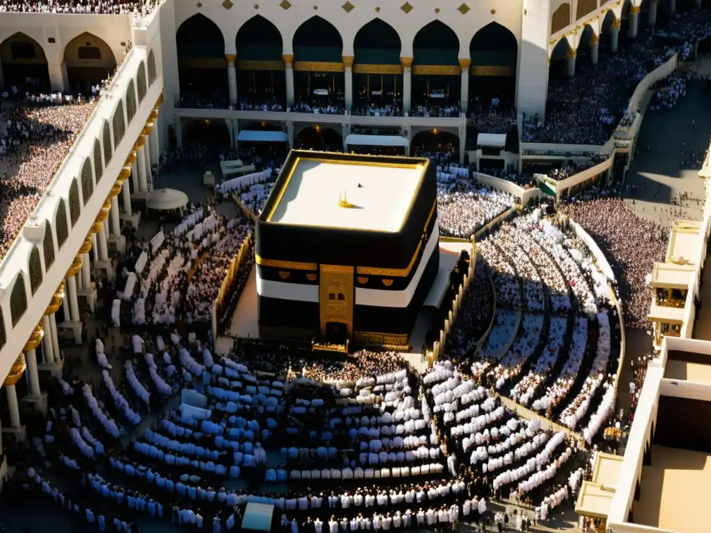 Peregrinación a La Meca: miles de fieles vestidos con ihram blanco circundan la Kaaba en la Gran Mezquita, en un acto de devoción y reverencia