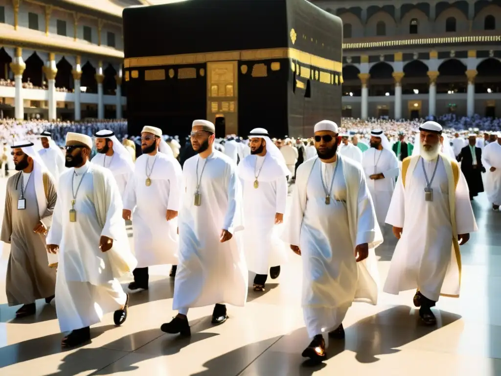 Peregrinación a La Meca ritos: Devotos peregrinos musulmanes realizan el Tawaf alrededor de la Kaaba, llenando el ambiente de devoción y unidad