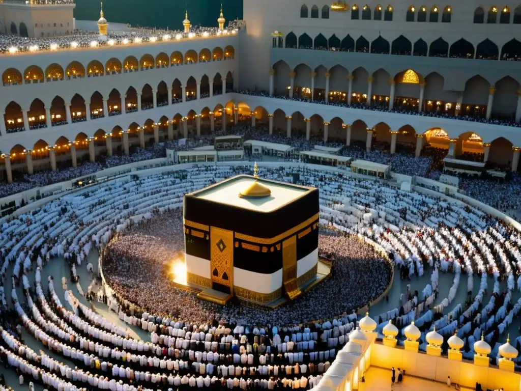 Peregrinación a La Meca ritos: Vista aérea de peregrinos alrededor de la Kaaba, con la Gran Mezquita al fondo, bañada en luz dorada al atardecer