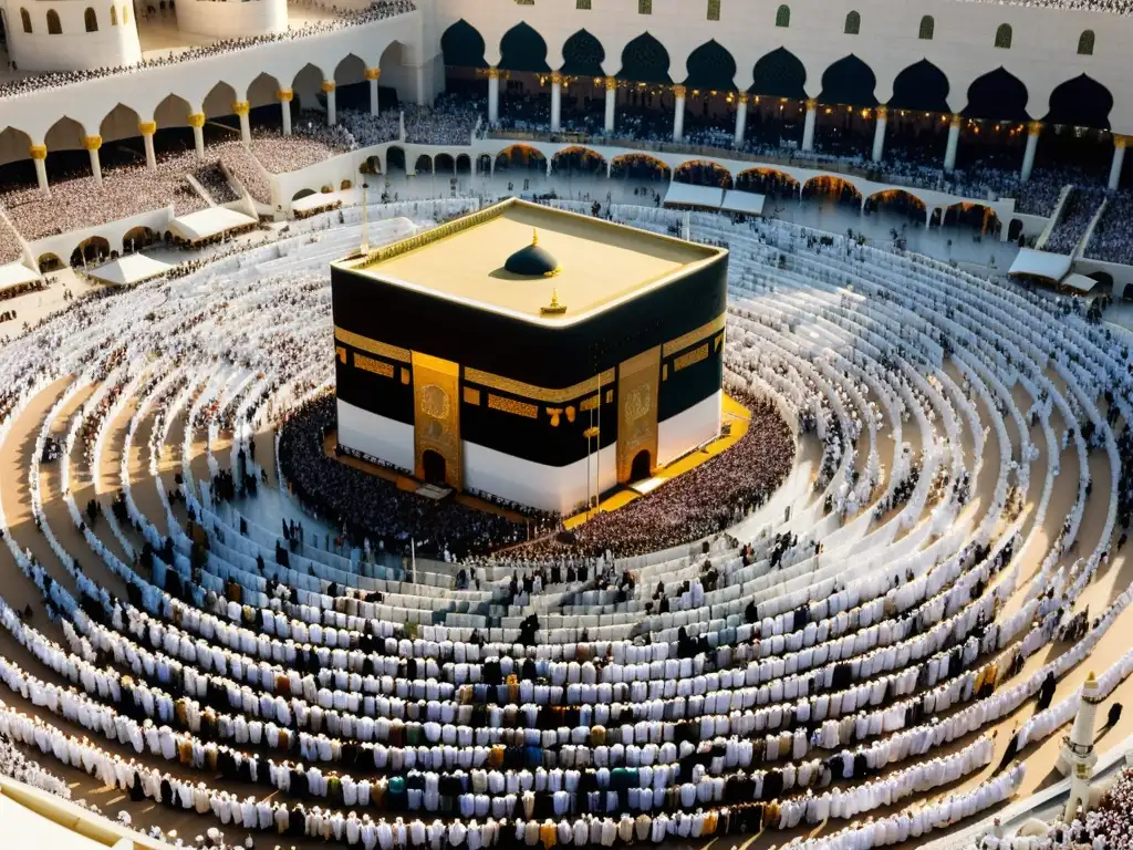 Peregrinación a La Meca ritos: Vista aérea de la Gran Mezquita, miles de peregrinos circundan la Kaaba en un mar de blancura y devoción