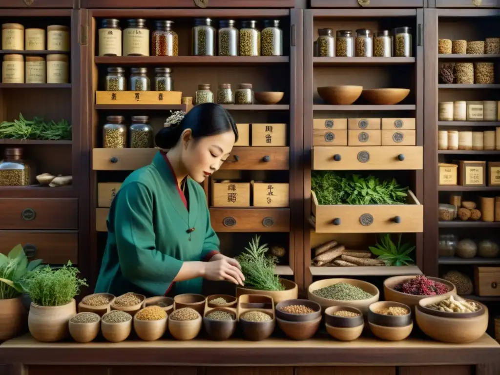 Un médico de medicina china selecciona hierbas naturales en un apotecario tradicional