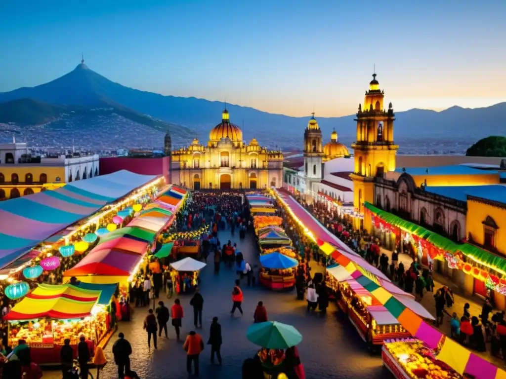 Mercado bullicioso en Ciudad de México con decoraciones coloridas y vendedores ofreciendo cuadernos de propósitos de año nuevo y papel picado