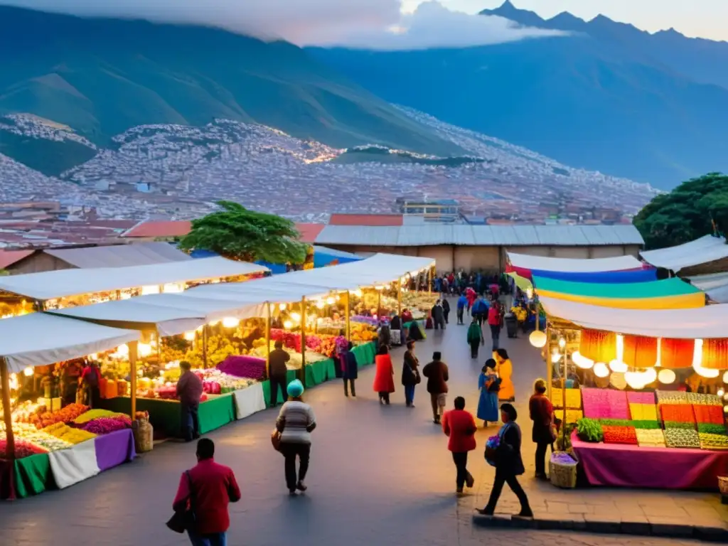 Un mercado bullicioso en una ciudad latinoamericana, con artículos tradicionales coloridos para rituales de Año Nuevo