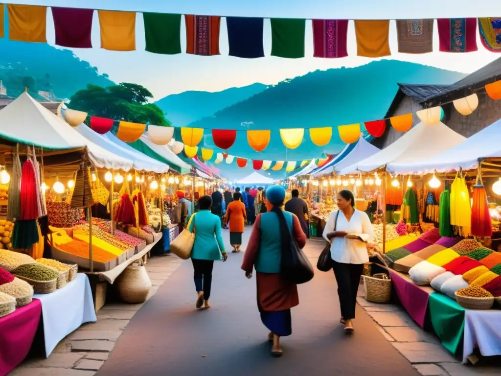 Un mercado bullicioso con coloridos puestos de regalos y ofrendas artesanales, música tradicional y una vibrante atmósfera de comercio cultural