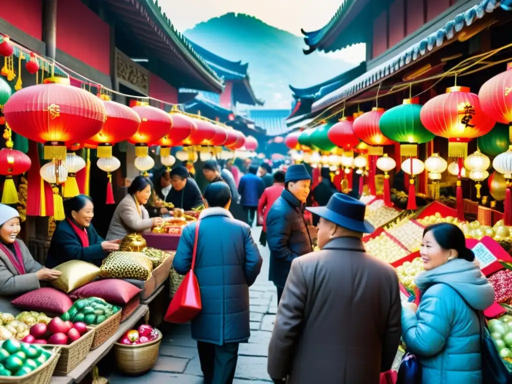 Un mercado bullicioso en Asia con decoraciones y amuletos tradicionales de Año Nuevo