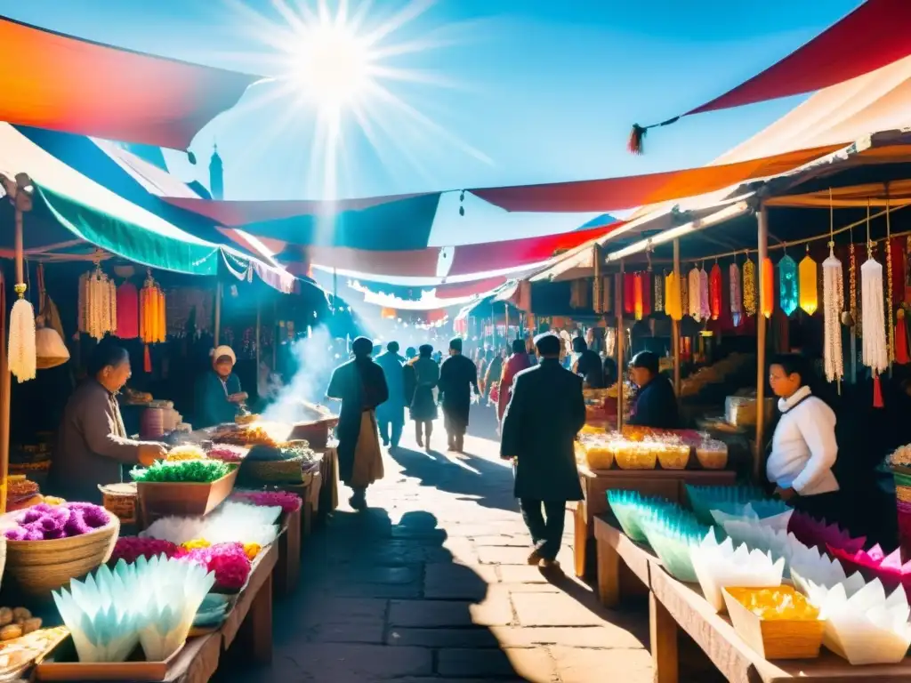 Un mercado bullicioso con recuerdos espirituales, creando una atmósfera vibrante y diversa