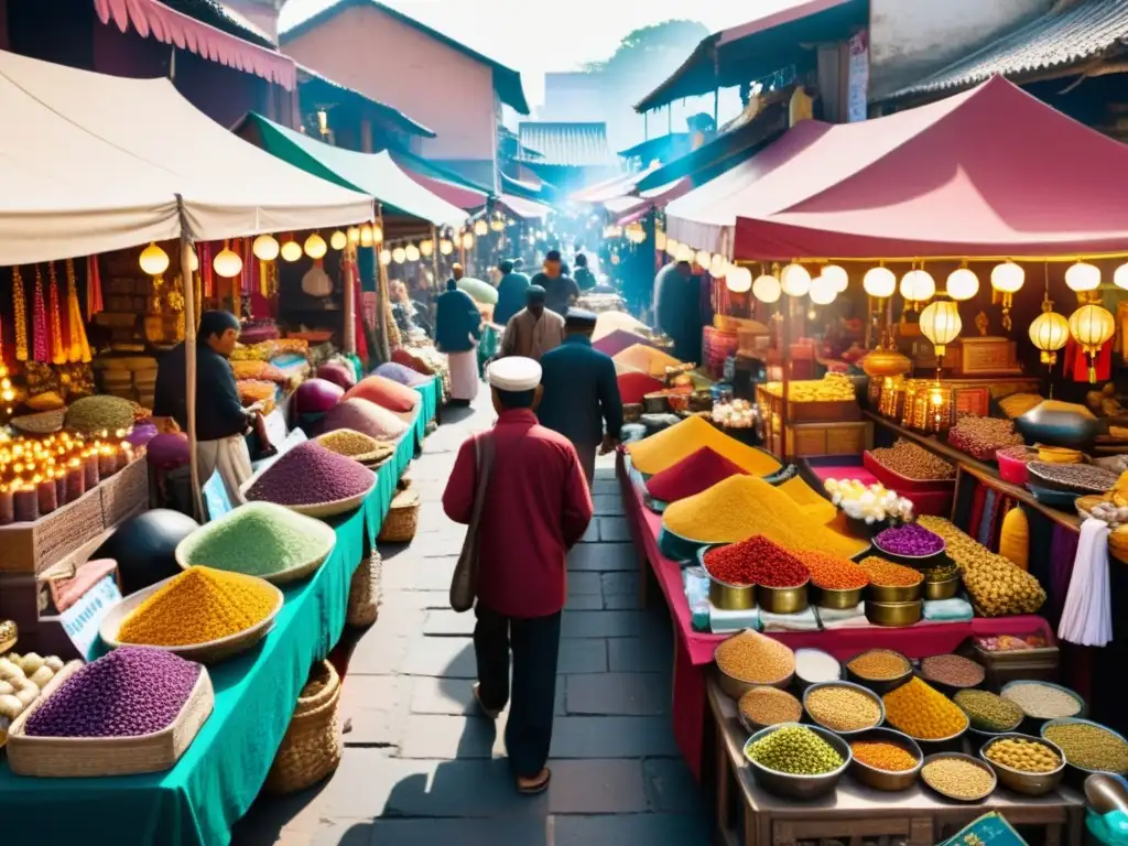 Un mercado bullicioso con vendedores y recuerdos espirituales de distintas tradiciones