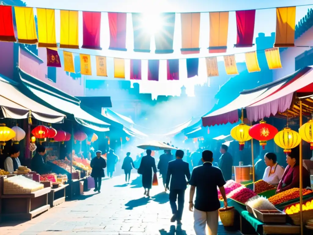 Un mercado callejero bullicioso en una ciudad vibrante, con vendedores ofreciendo una colorida variedad de recuerdos espirituales