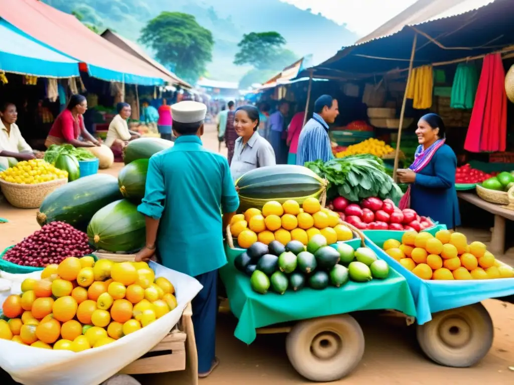 Mercado rural con tradiciones de trueque en rituales, lleno de color y vida entre comerciantes y productos variados