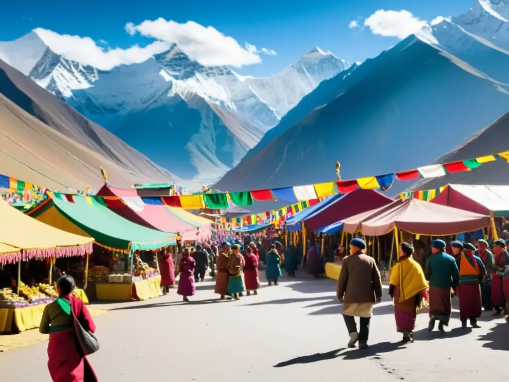 Mercado tibetano bullicioso durante Losar, con coloridos trajes y artesanías