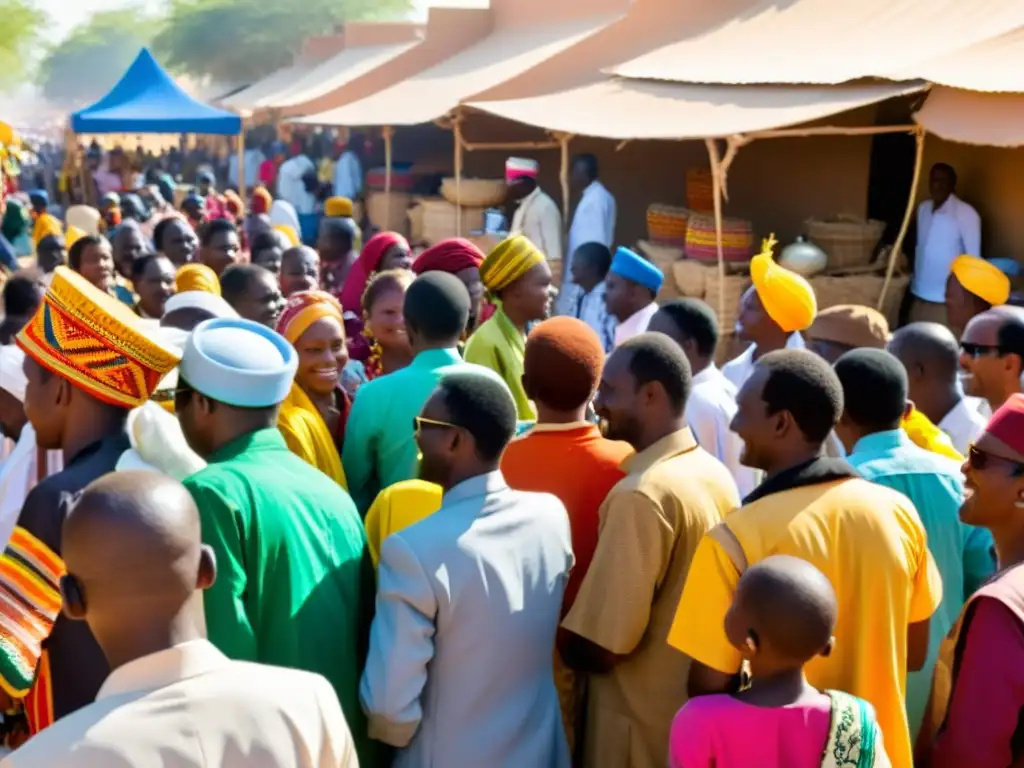 Mercado vibrante durante el Festival Fao en Chad, con locales vestidos de colores, celebrando la purificación y renovación cultural