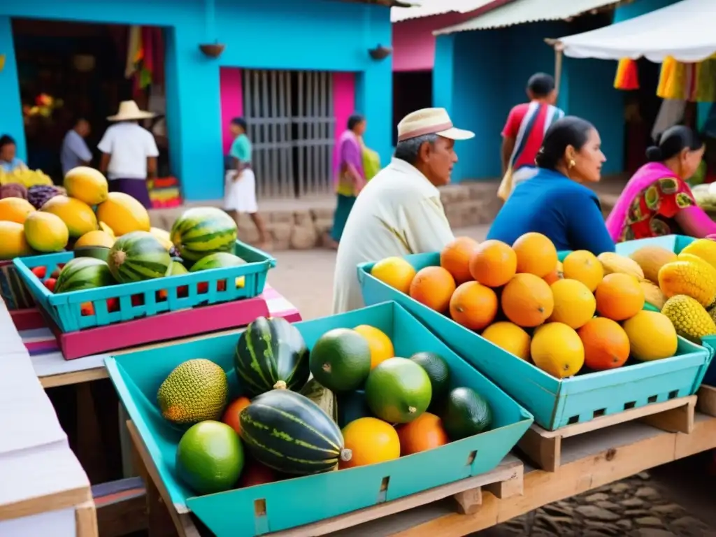 Mercado vibrante en un pueblo latinoamericano, con frutas exóticas, artesanías y textiles coloridos