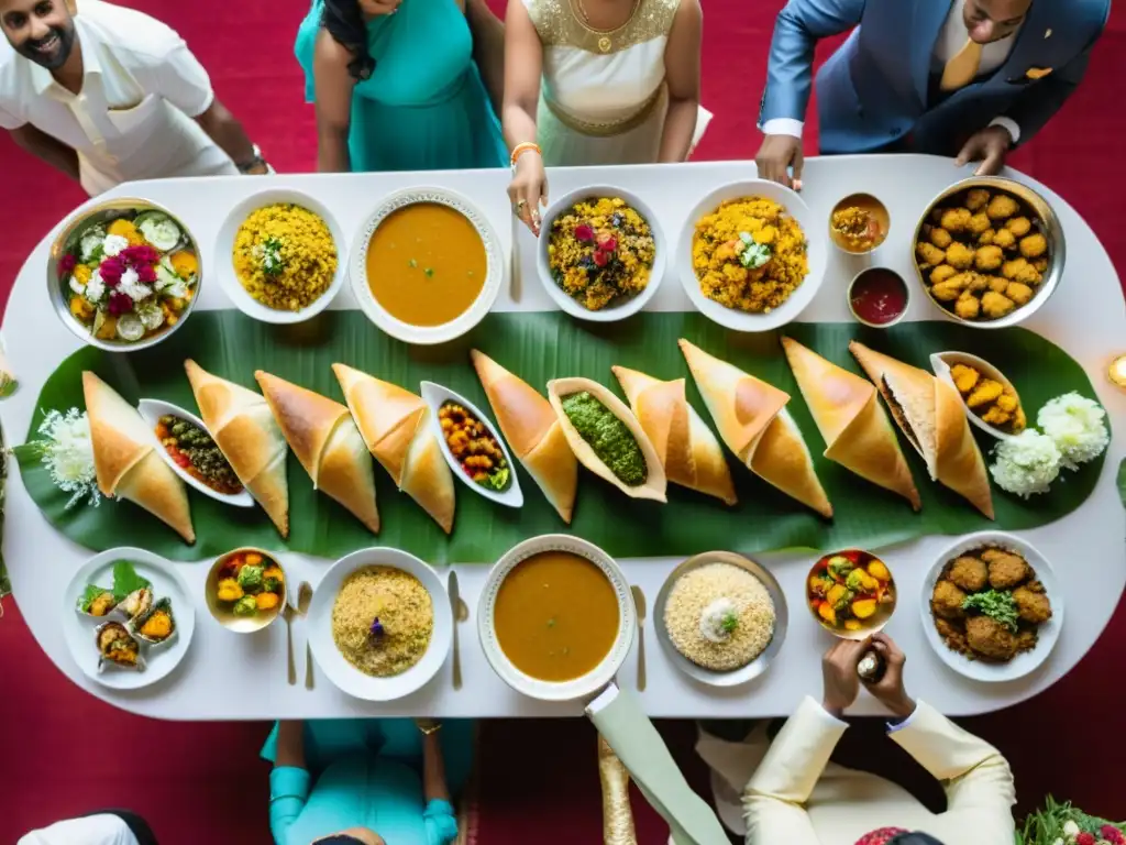 Una mesa de banquete en una boda tradicional hindú, llena de coloridos platillos y rodeada de invitados elegantes