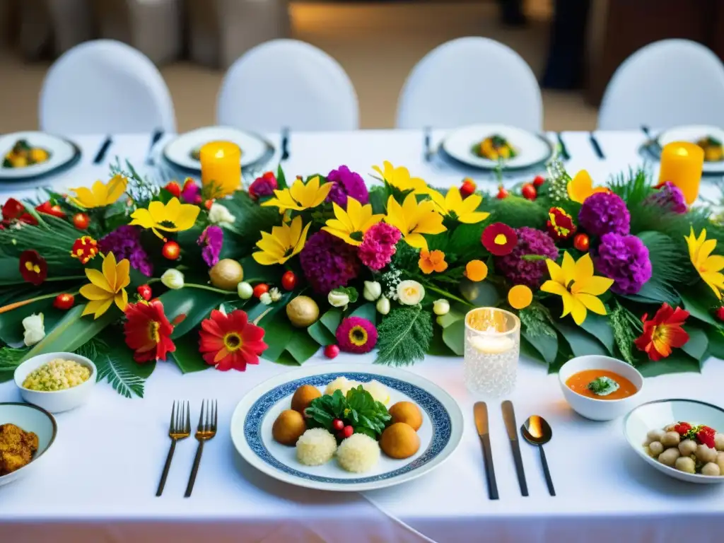 Una mesa de banquete de bodas tradicional llena de platos vibrantes y coloridos, mostrando una variedad de cocinas culturales