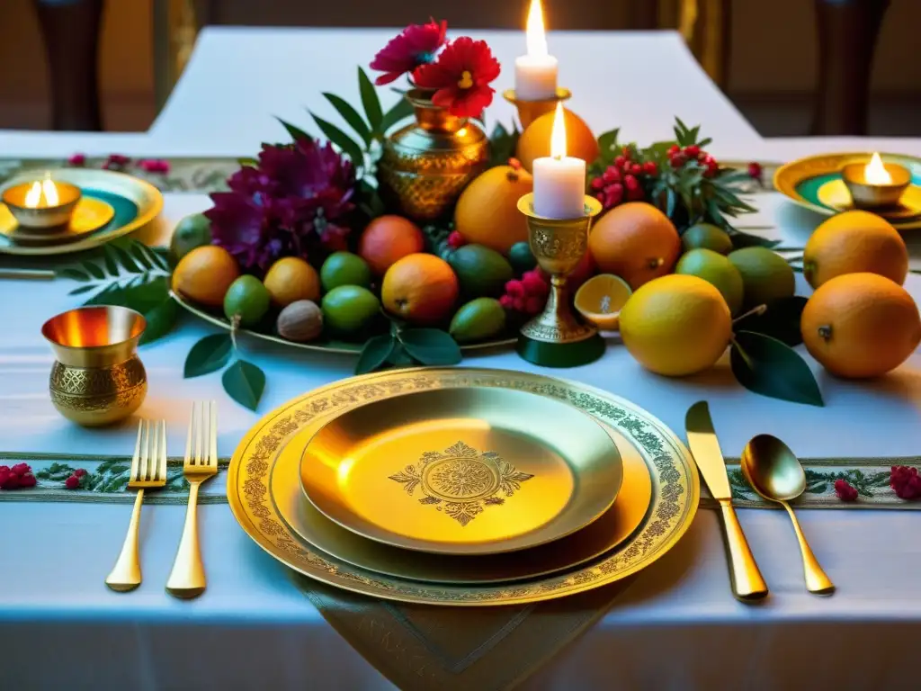 Una mesa ceremonial con platos dorados, frutas exóticas, hierbas aromáticas y flores coloridas