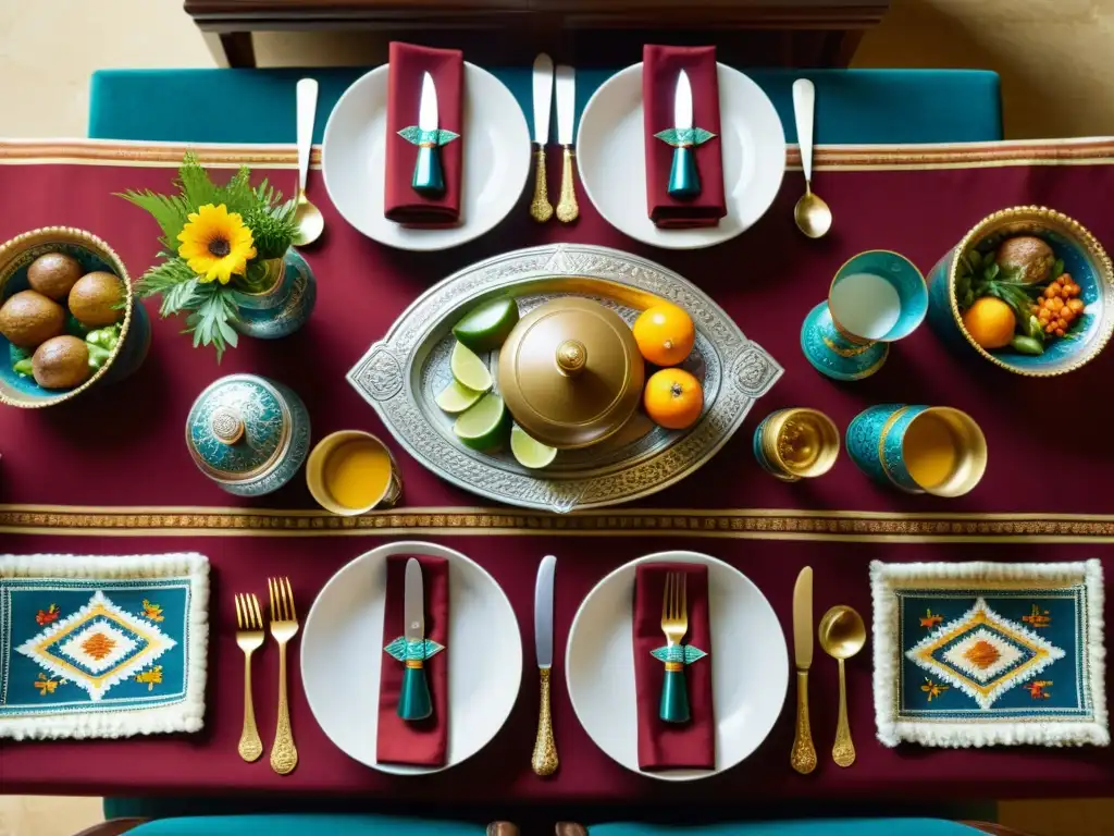 Una mesa ceremonial tradicional con adornos y comida vibrante, rodeada de participantes vestidos con atuendos ceremoniales