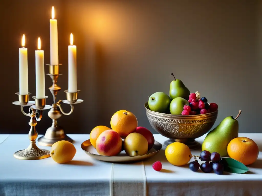 Una mesa de comedor exquisitamente decorada con elementos simbólicos y gastronomía sagrada y simbolismo ritual, bañada en cálida luz natural