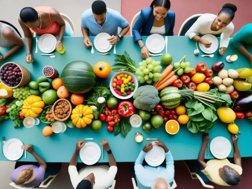 Una mesa comunal llena de comida y gente diversa, transmitiendo unidad y significado político de banquetes y ayunos