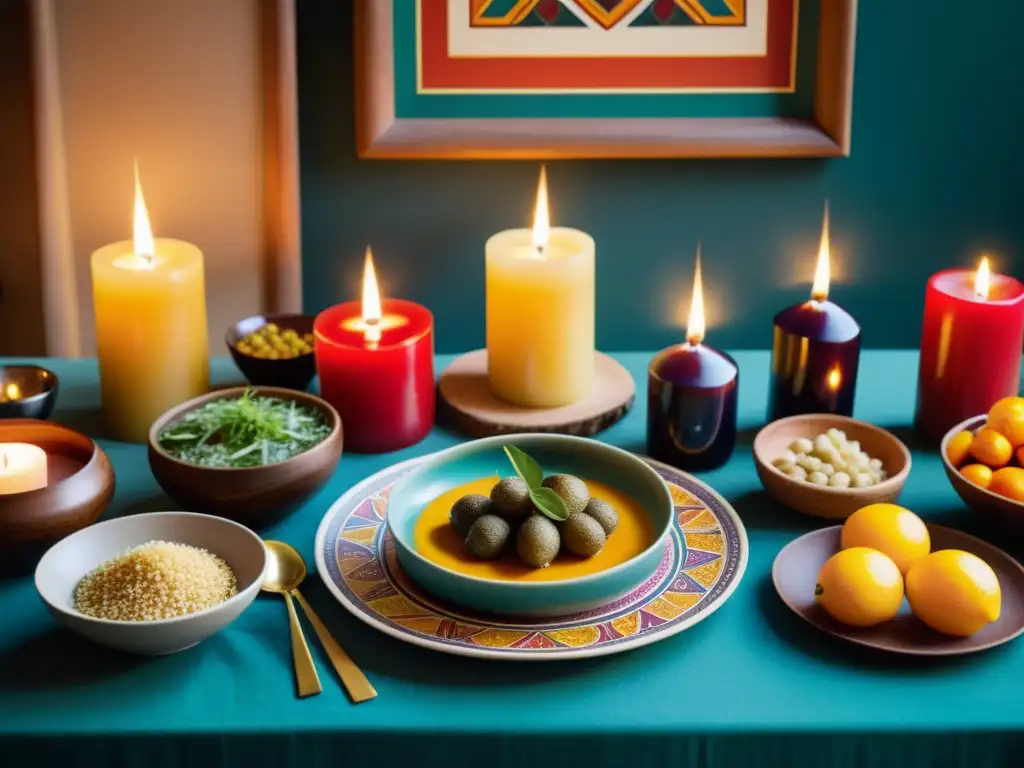 Una mesa bellamente decorada para una ceremonia de gastronomía sagrada y simbolismo ritual, con alimentos y elementos simbólicos cuidadosamente dispuestos en vibrantes colores y detalles intrincados