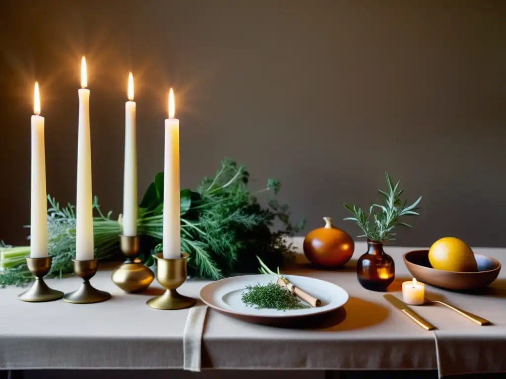 Una mesa elegantemente decorada con elementos simbólicos, creando una atmósfera de gastronomía sagrada y simbolismo ritual