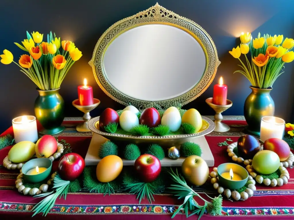 Una mesa HaftSeen bellamente decorada con elementos simbólicos para el Nowruz, creando una escena festiva llena de color y tradición