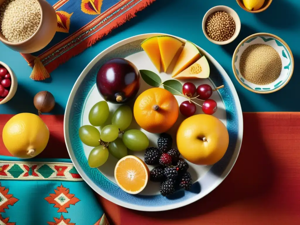 Una mesa bellamente decorada con platos tradicionales rituales de fertilidad, frutas coloridas, granos y hierbas, resaltando texturas y colores vibrantes en una escena culturalmente inmersiva