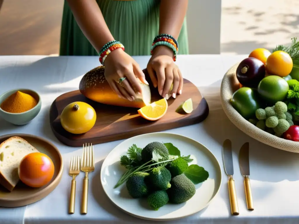 Una mesa bellamente decorada con productos de temporada, manos expertas añaden toques finales