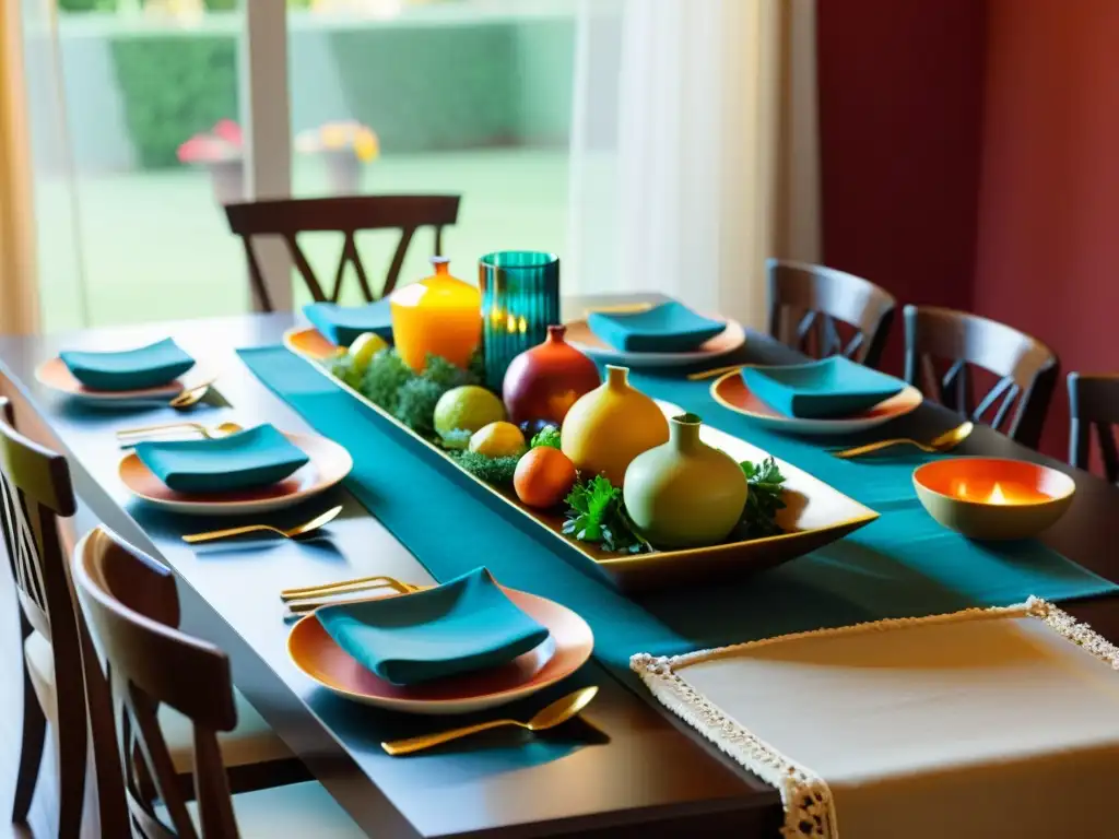 Una mesa bellamente decorada con vajilla colorida y platos deliciosos, bañada en cálida luz natural