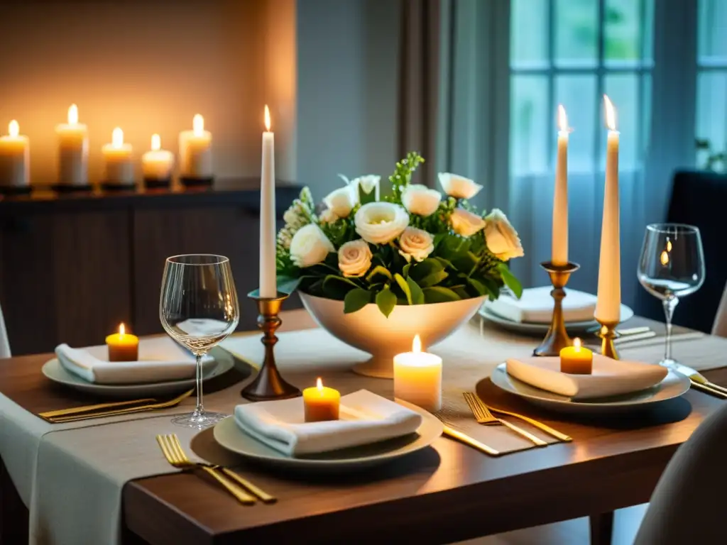 Una mesa bellamente decorada con vajilla elegante, flores frescas y luz de velas, evocando rituales de hogar para celebrar nacimientos