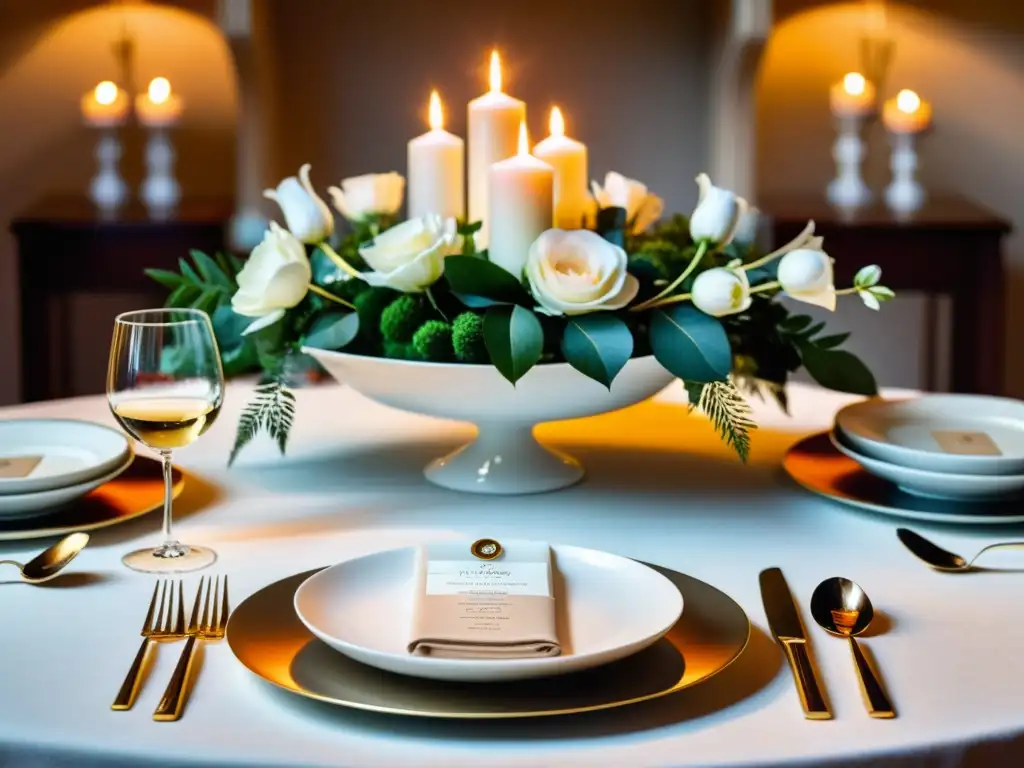 Una mesa elegantemente decorada con vajilla fina, copas de cristal y cubiertos de plata