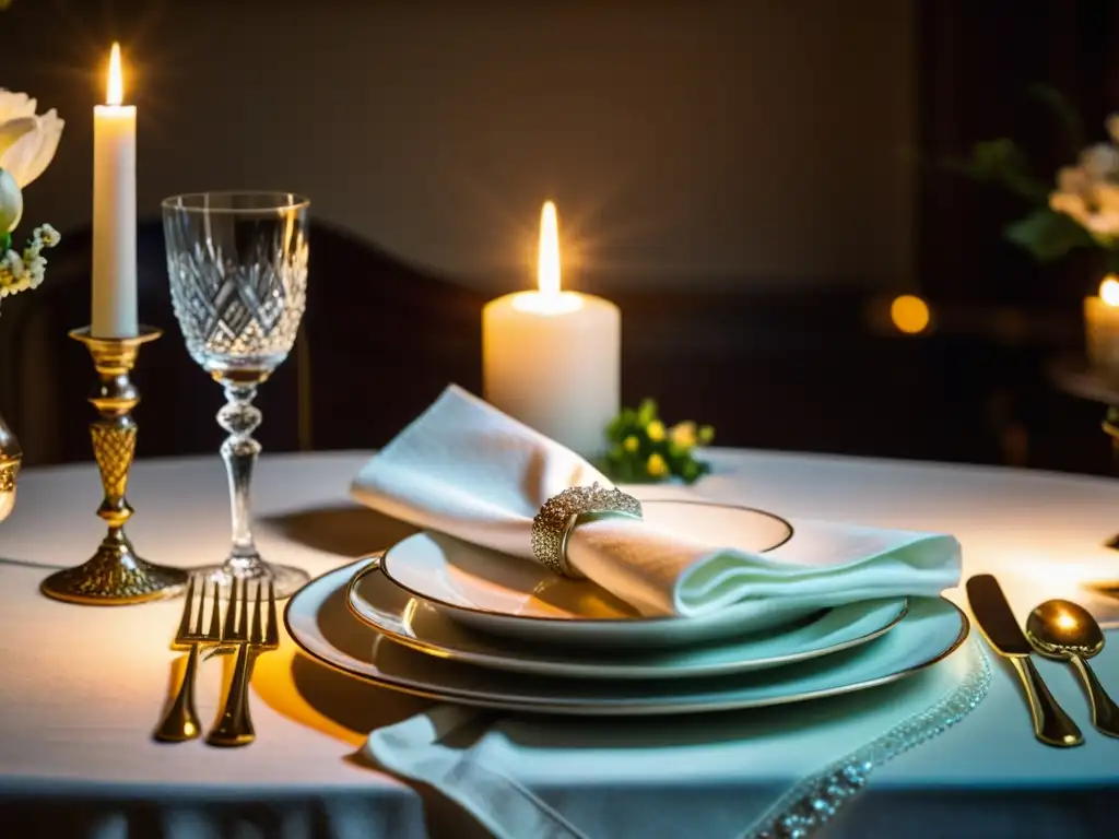 Una mesa elegantemente decorada con vajilla fina, flores frescas y velas, creando una atmósfera de reverencia y elegancia