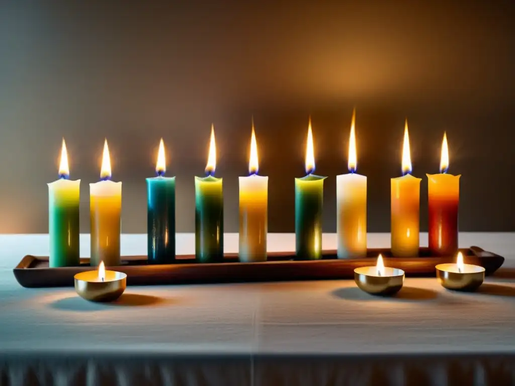 Una mesa decorada con velas de distintas tradiciones culturales y religiosas, iluminada por suave luz natural