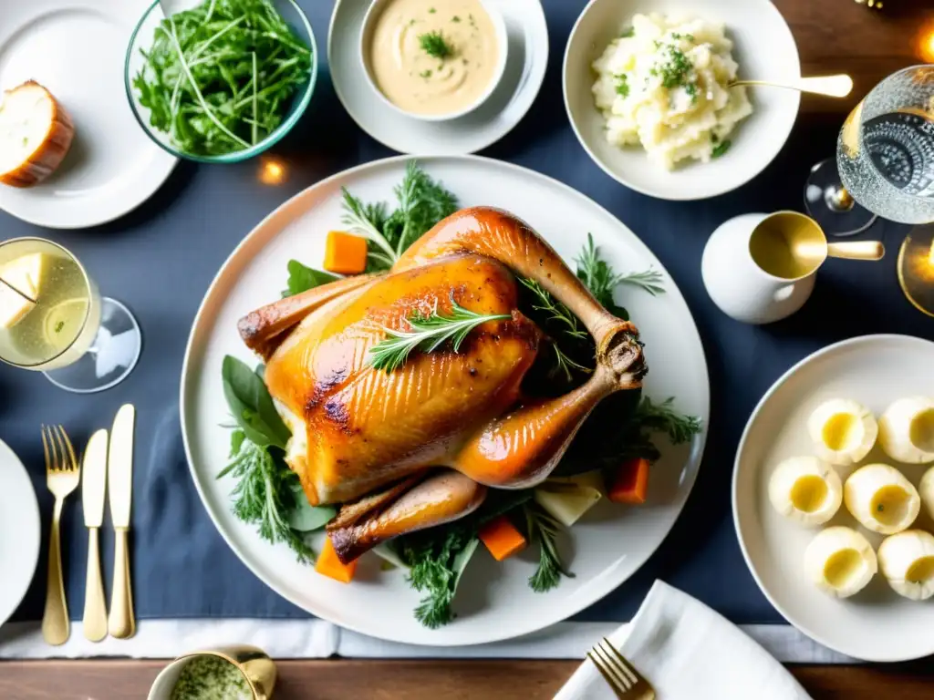 Una mesa elegante de Año Nuevo repleta de delicias tradicionales y modernas, rodeada de risas y charlas animadas