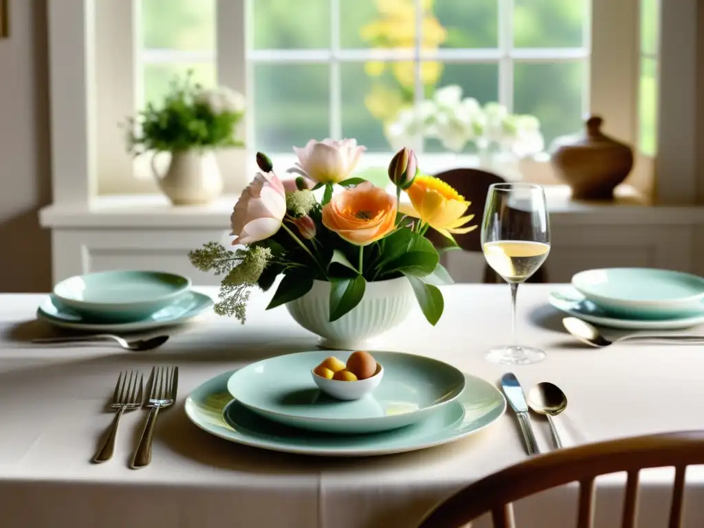 Una mesa elegante lista para una celebración familiar, con vajilla fina y un arreglo floral en tonos suaves