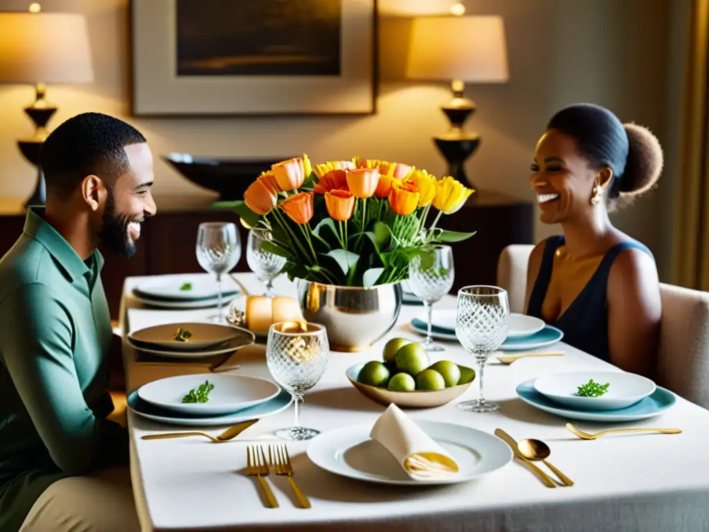 Una mesa familiar bellamente decorada con vajilla elegante, cubiertos pulidos y flores frescas