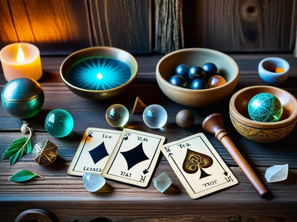 Una mesa de madera antigua muestra una diversidad de herramientas de adivinación: cartas del tarot, runas, bolas de cristal y hojas de té