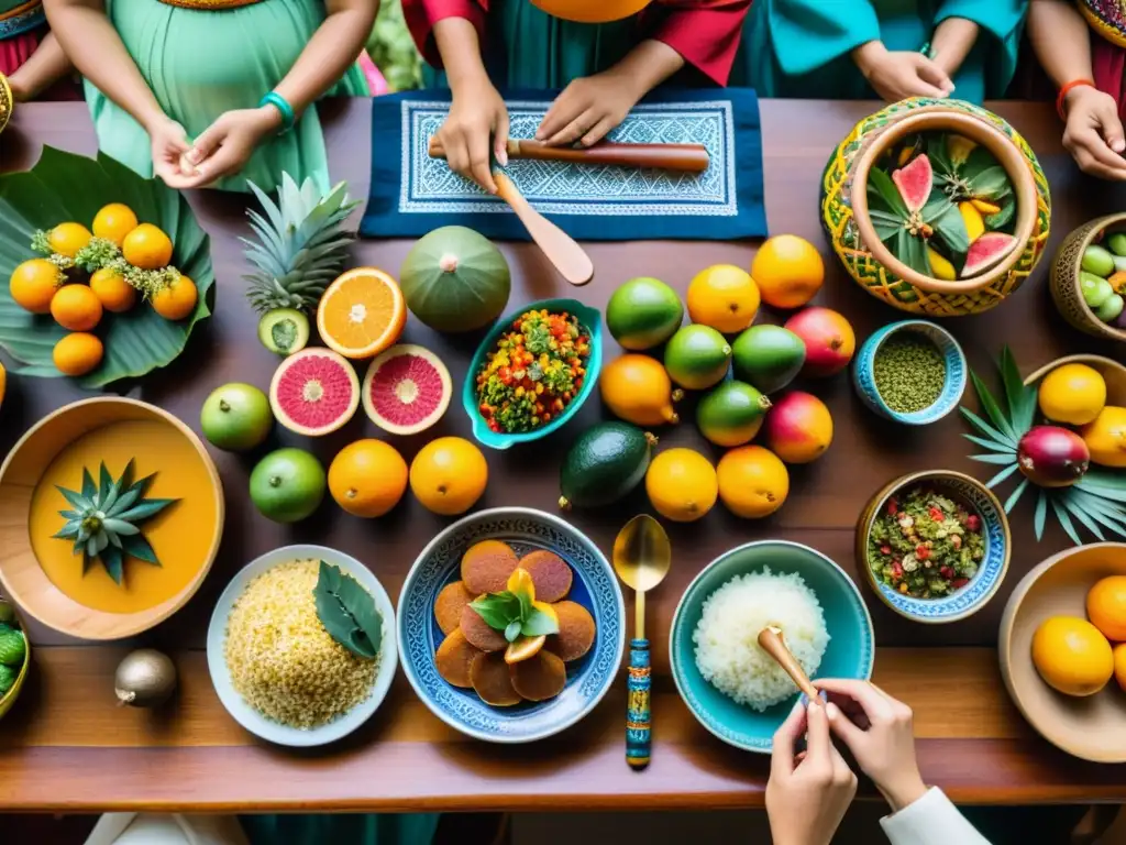 Una mesa de madera bellamente decorada con platos tradicionales rituales fertilidad