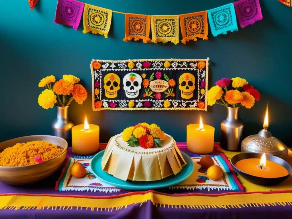 Una mesa de ofrendas en rituales, con flores, velas, comida y fotografías, evocando reverencia y riqueza cultural