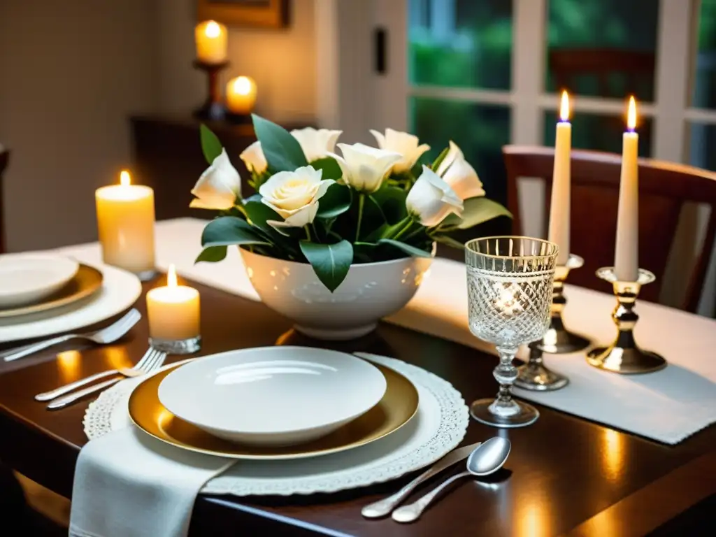 Una mesa elegantemente puesta con vajilla fina, cubiertos pulidos y un centro de flores frescas y velas