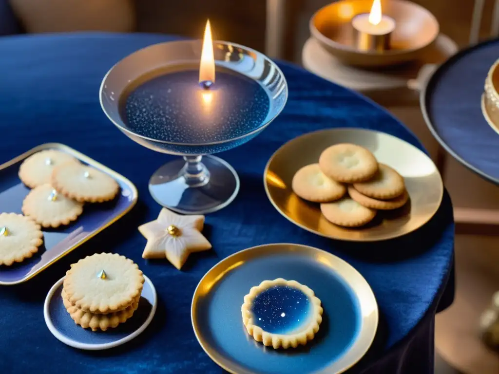 Una mesa rústica con delicias y bebidas celestiales, como galletas en forma de luna y un cóctel azul brillante