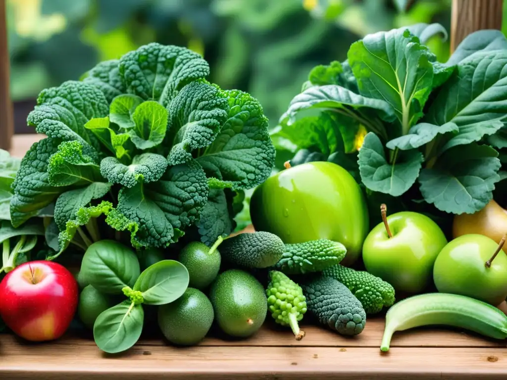 Una mesa rústica llena de vegetales y frutas frescas, bañada por la luz dorada del sol