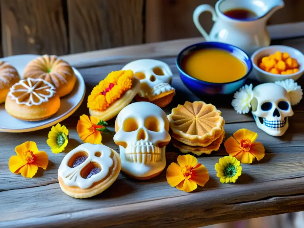 Una mesa rústica con una variedad de postres mexicanos tradicionales y flores de cempasúchil, iluminados por la luz natural