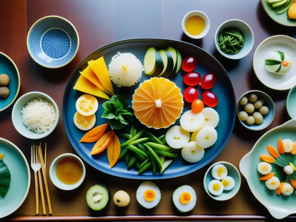 Una mesa tradicional coreana para el Festival coreano de la cosecha Chuseok, con platos coloridos y ornamentados, iluminados por luz natural