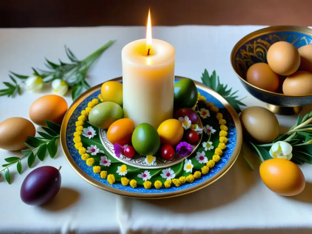 Una mesa tradicional persa de Haftseen, con elementos simbólicos y coloridas decoraciones, capturando la esencia de los rituales de Nowruz en Persia