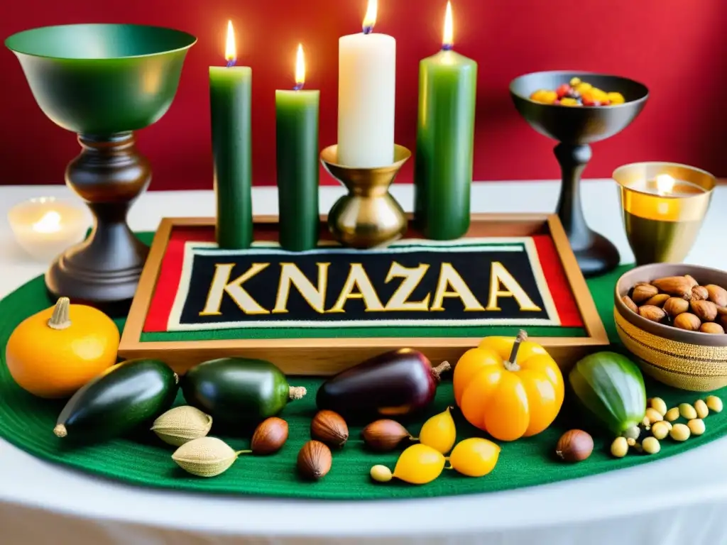 Una mesa de celebración de Kwanzaa con velas encendidas, mkekas y símbolos tradicionales, evocando el origen y celebración de Kwanzaa