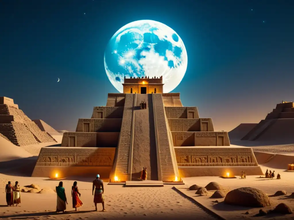 Ziggurat mesopotámica iluminada por la luna llena, con figuras en rituales lunares en Mesopotamia