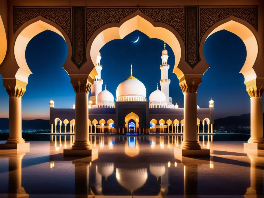 Una mezquita iluminada por la suave luz de la luna, evocando la Noche del Destino en el Islam con un aura de reverencia y significado espiritual