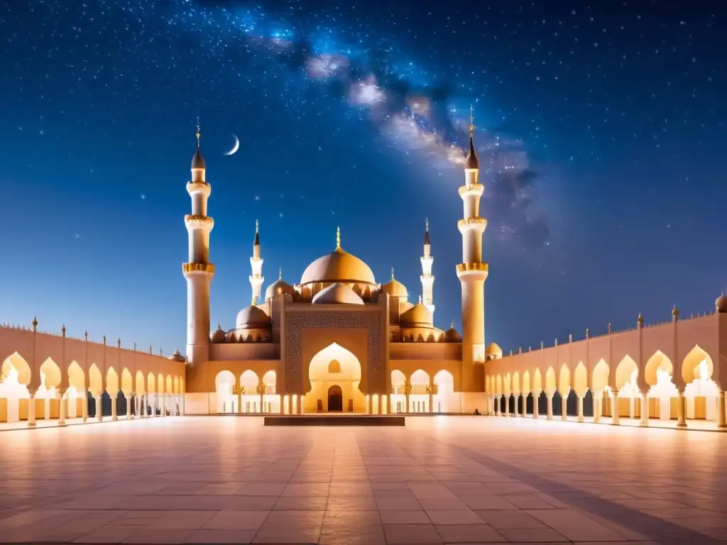 Una mezquita iluminada por la suave luz de la luna, con patrones geométricos adornando las paredes y minaretes