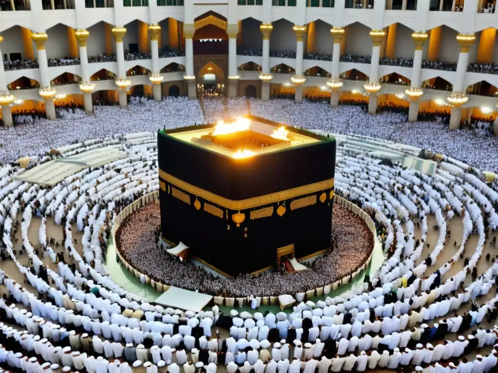 En la Mezquita de la Meca, el Rito Tawaf siete vueltas Kaaba se realiza al atardecer, con miles de peregrinos en un ambiente espiritual único